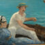 Manet painting called Boating. Oil painting of a man and woman in a sailboat