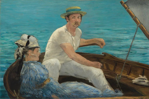 Manet painting called Boating. Oil painting of a man and woman in a sailboat