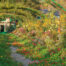Painting in the style of monet. A walkway with flowers, trellises and a building at the end of the walkway