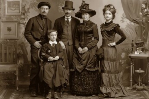Victorian photo of two men, two women and a young boy. All in hats and fancy dresses and suits.