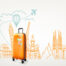 Stick figure drawing of a plane flying over major cities like London and France, with a photo of a piece of luggage