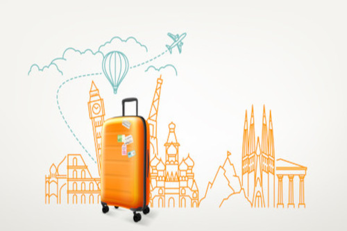 Stick figure drawing of a plane flying over major cities like London and France, with a photo of a piece of luggage